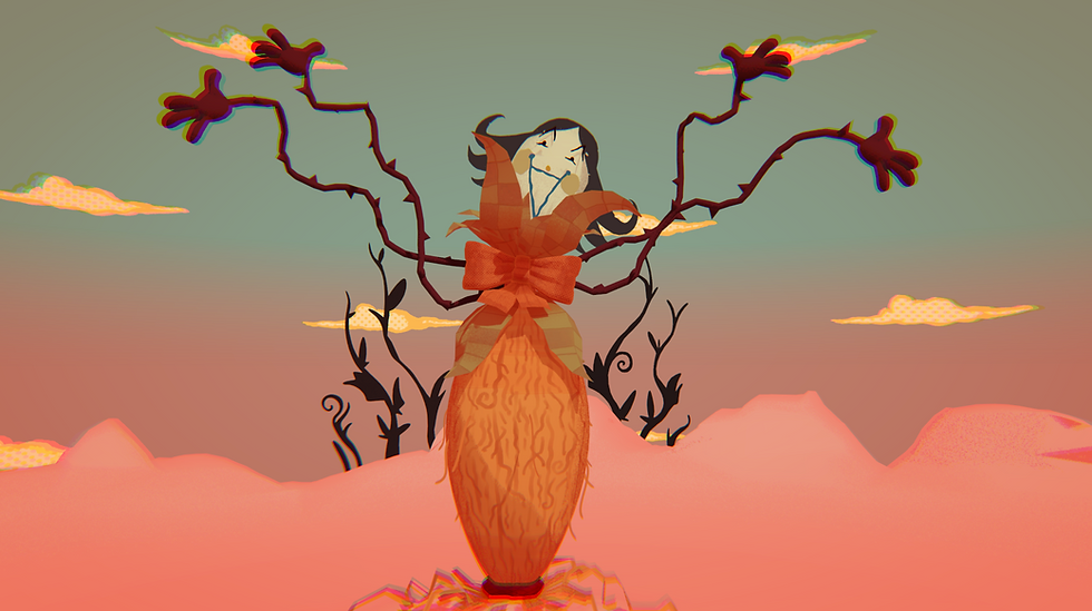 An in-game screenshot of Great God Grove. A strange god-like being with spiky vine-like arms stands before the player with a giant smile. A bow wraps a cornhusk-like drapery around their body.