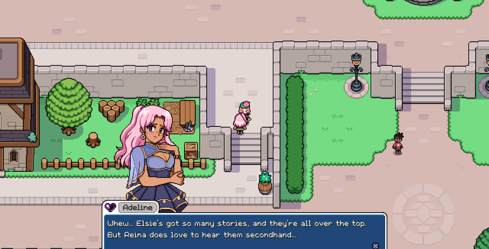 An in-game screenshot of Fields of Mistria. In town, the player has a conversation with a character named Adeline. The player has pink hair and can be seen wearing a lily pad hat. Adeline has vibrant pink hair and wears a blue hued regal blouse. She says: "Whew... Elsie's got so many stories, and they're all over the top. But Reina does love to hear them secondhand."