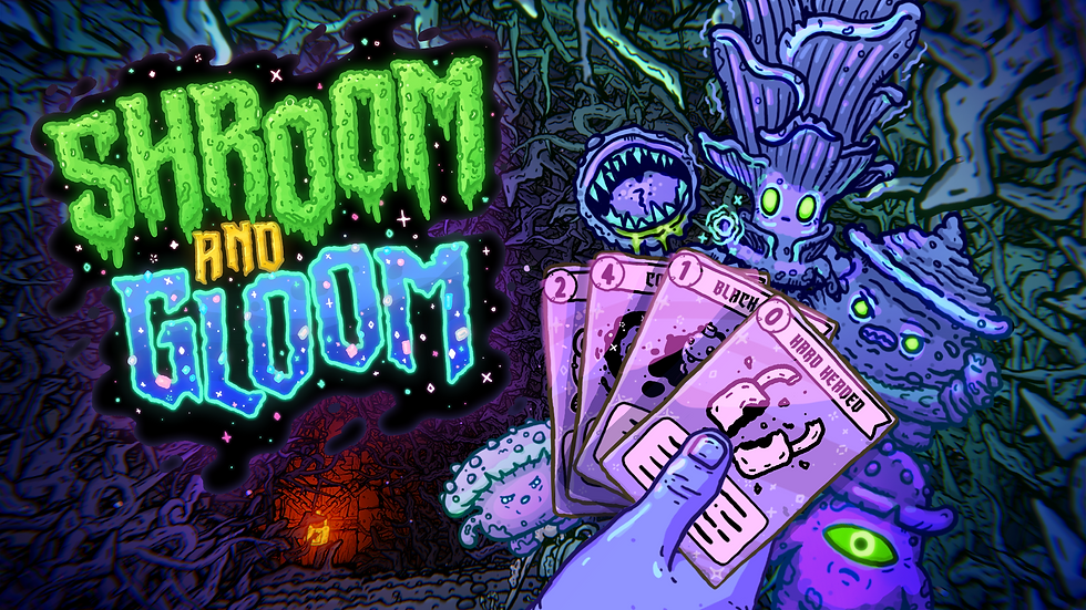 Shroom and Gloom's key art in pastel shades of purple, pink, blue, and green. The game's title is in glowing and wobbly text made to look like moss and crystals. In the background is a densely populated cave with brambles and a locked door at the end, five different types of fungal and plant monsters with glowing green eyes and grimaces, and a hand holding four different cards.