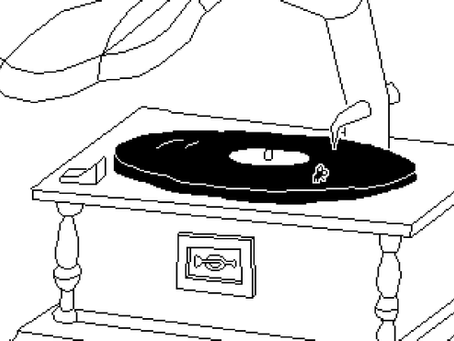 An in-game screenshot of Time Flies. A fly sits on a vinyl record atop a record player that has had its power switch flicked on.