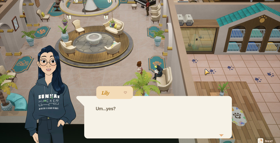 A screenshot of Coral Island where the player character is meeting Lily. She stands in a hoodie, one hand in her jean pocket, with large round glasses. Her long black hair drapes over her shoulder. They're standing in the town hall. She says: "Um... yes?"