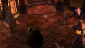 An animated gif for Kitsune The Journey of Adashino shows the main character, Kitsune, being chased by an oni in a town square.