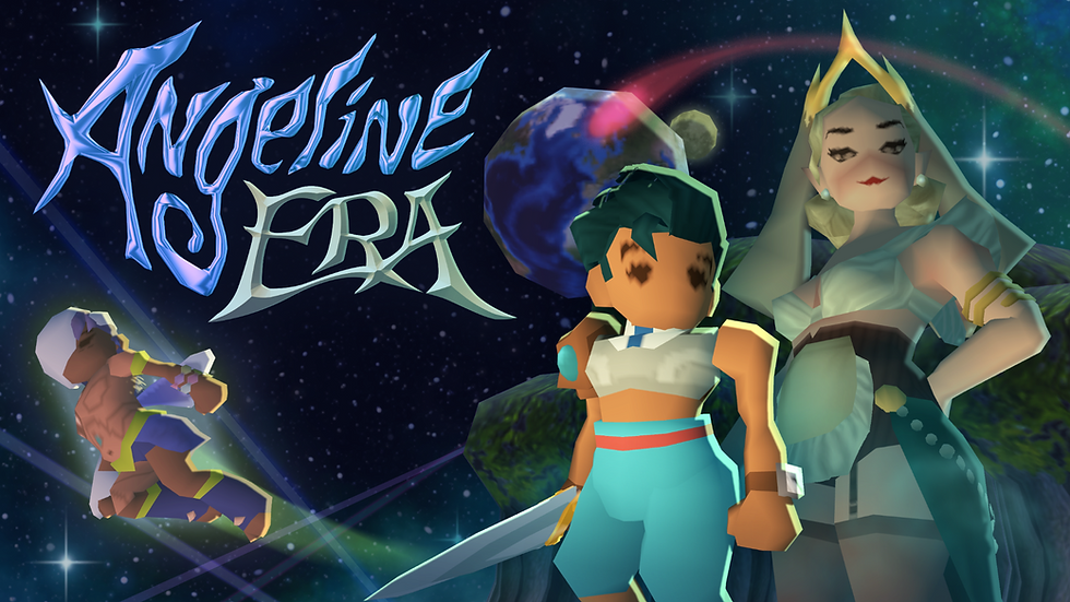 The Angeline Era key art. The game's hero, Tets Kinoshta, stands with their sword at the ready. They have green hair and teal pants. Behind them, an angelic being with a crown and flowing white hair stands regally. Off to the left, another angelic being flies through the space-like setting. Planets and floating landmasses fill out the background and the game's title floats off to the left of the image.