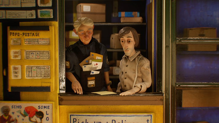 An in-game screenshot of Harold Halibut. Two men sit in a yellow postal booth, looking down at a letter. One of them is the postman, an older man with white hair and a vest full of various packages and letters. The other is Harold, with his gaunt eyes, a tan button-up shirt, and white overalls. Behind them, shelves are lined with packages.