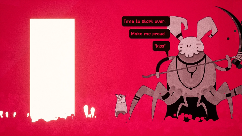 An in-game screenshot of Uncle Chop's Rocket Shop. In a bright red void-like space, a fox-headed humanoid figure stares up at a strange spider-like demon with a skeletal head. The spider demon wields a scythe and says: "Time to start over. Make me proud. Kiss."