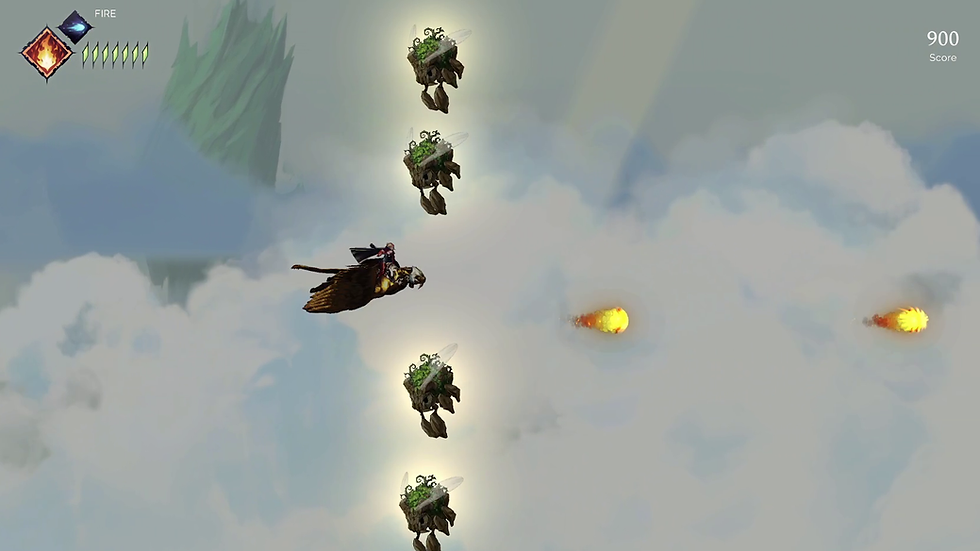An in-game screenshot of the shoot-em-up minigame in Astria Ascending. The main character, Ulan, is riding a griffin-like beast and firing fireballs out at oncoming waves of enemies.