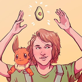 A commissioned piece of artwork of video games are good's Deputy Editor, Julie. They are depicted as a Stardew Valley farmer with an Eevee on their shoulder and an avocado being held up above them.