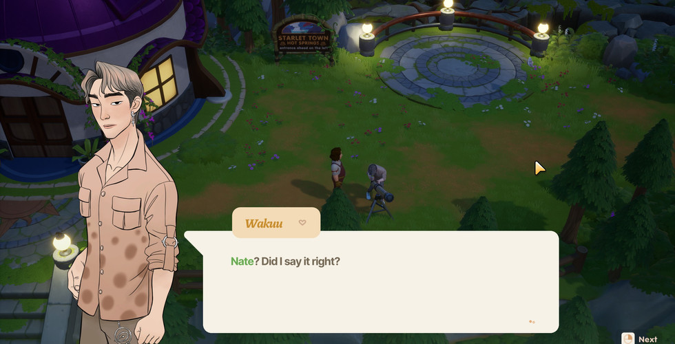 A screenshot of Coral Island where the player character is meeting Wakuu. He stands with a hand against his hip and he's wearing a patterned button up tee. He's got an earring and very light brown hair. He says: "Nate? Did I say it right?"