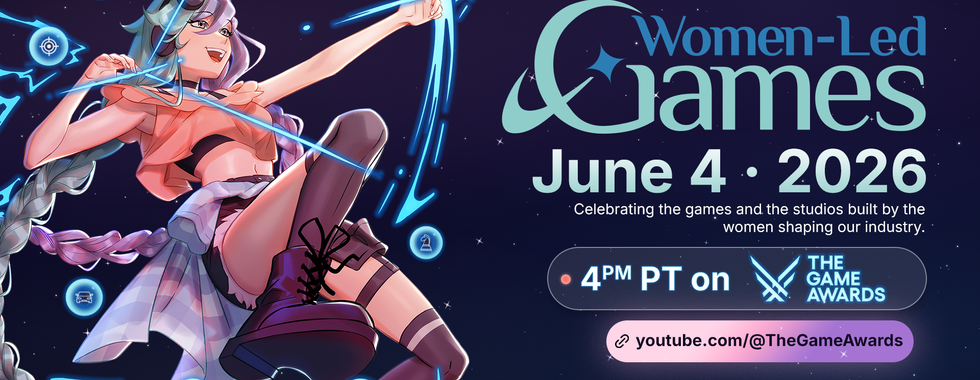 Women-Led Games Showcase key art. A character with bluish purple hair shoots out a bow of light while grinning.