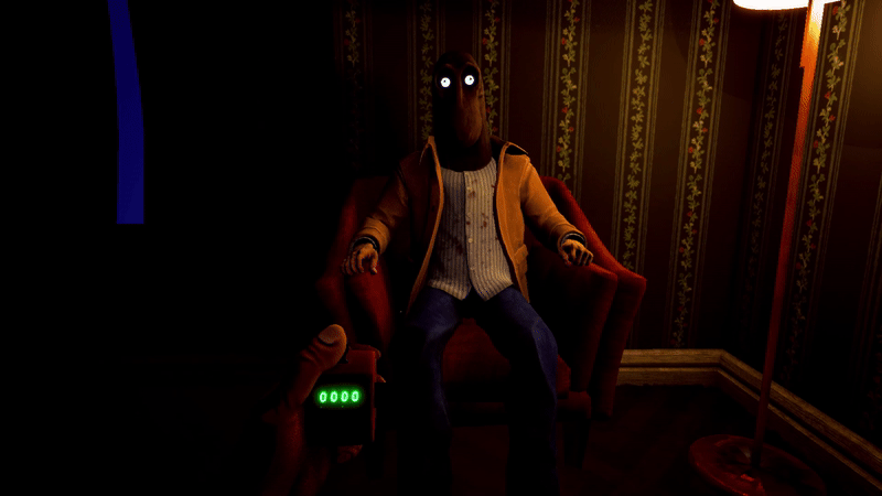 An animated GIF of the game Clickolding. A man, heaving with deep breaths, sits in a chair. He's got a strange wooden mask on over his head with glowing white eyes. The mask has strange proportions and his striped button up is stained. From the first person perspective, a hand clicks down on a tally counter and the counter's readout changes from 0 to 1. The man speaks and a dialogue box reads: "Click it again."