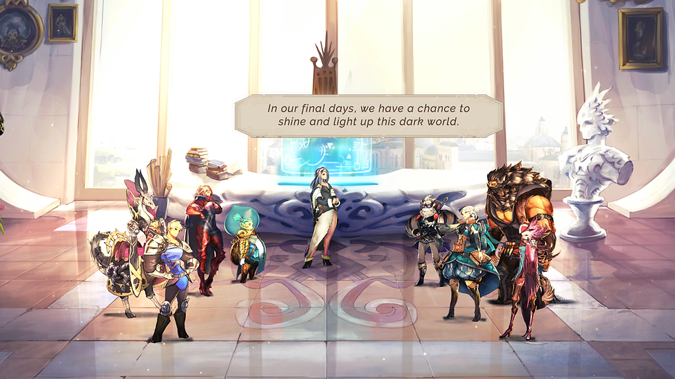The main cast of Astria Ascending stands in Harmonia Tower, talking to the Guardian Yuno. She says to them: "In our final days, we have a chance to shine and light up this dark world."