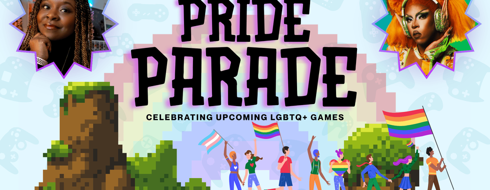 The Gayming Pride Parade logo. A group of people parade for pride, with various pride flags among them, walking along a pixel art field.