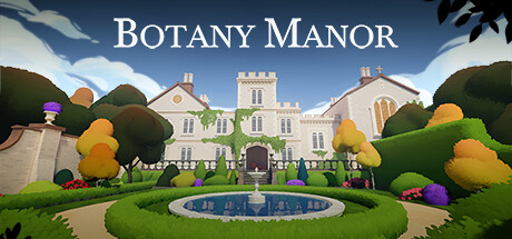 The key art for Botany Manor depicts an overgrown lush manor with a beautiful fountain out front.