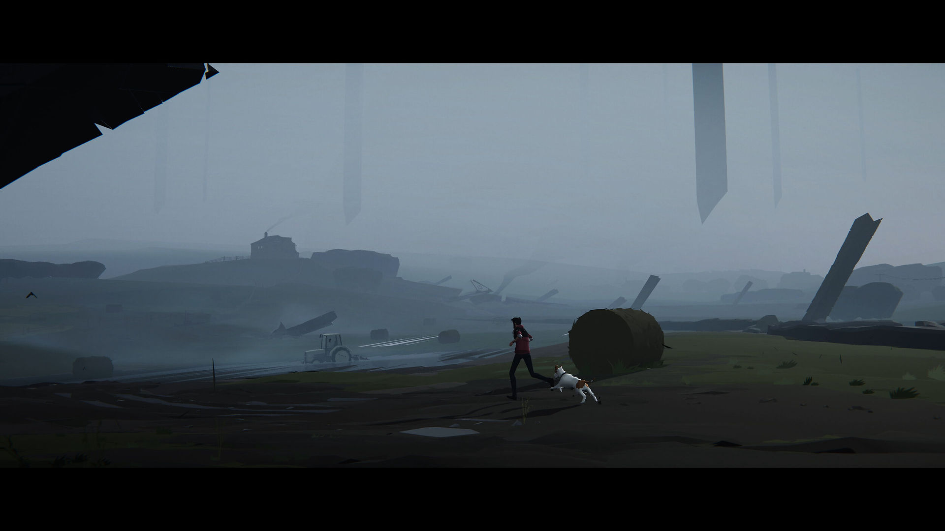 A man and his dog run across an apocalyptic farm landscape in the upcoming release, Somerville.