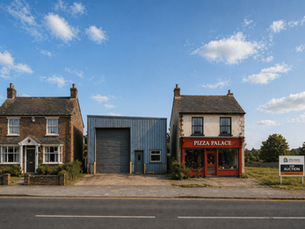Line up of different property types on a road. Detached house. Industrial unit. Retail shop with flat above. Plot of land
