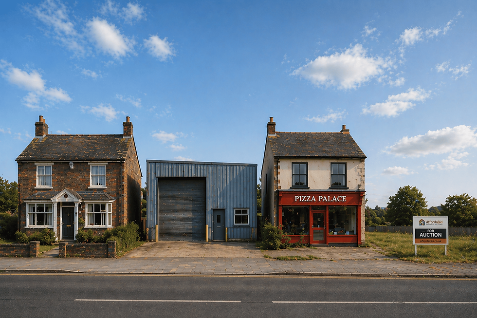 Line up of different property types on a road. Detached house. Industrial unit. Retail shop with flat above. Plot of land