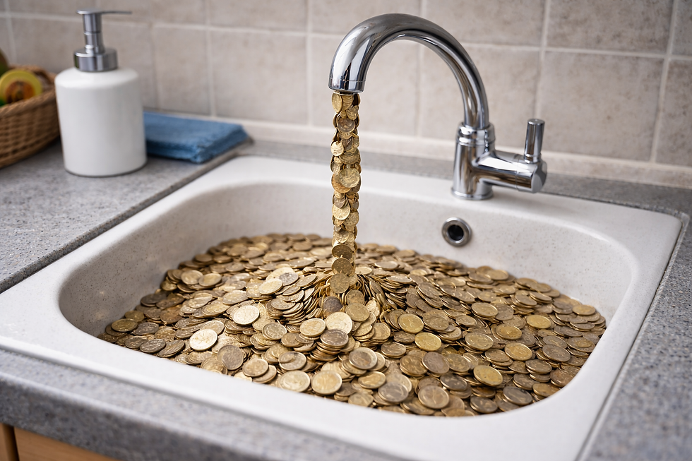 Image shows sing with coins coming out the spout - depicting money being wasted by going down the drain.