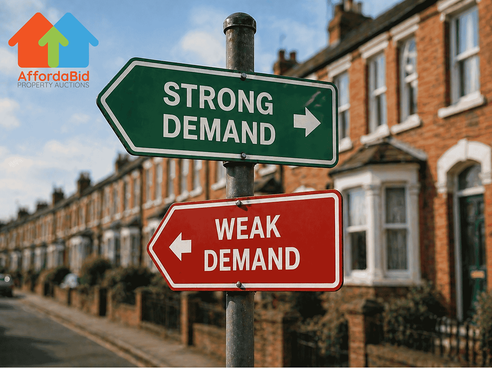 Signpost with green "STRONG DEMAND" and red "WEAK DEMAND" signs on a street of brick houses. Logo: AffordaBid Property Auctions.