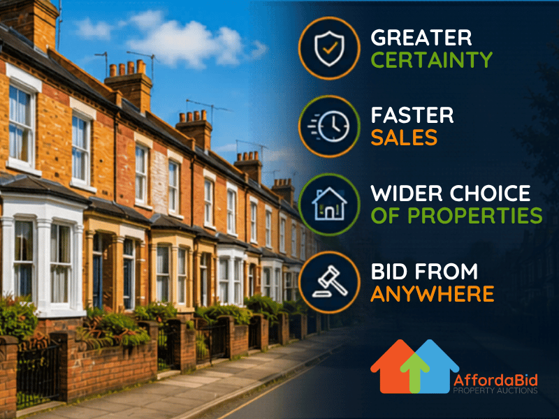 Row of brick houses on a sunny street. Text overlay: Greater Certainty, Faster Sales, Wider Choice of Properties, Bid from Anywhere.