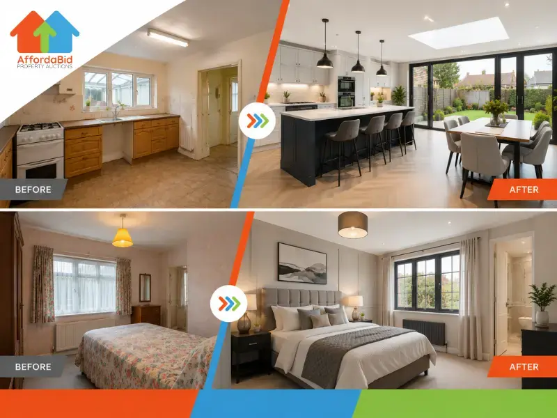 Kitchen and bedroom renovation: before and after views. Old to modern transformation with sleek designs, open spaces, and natural light.