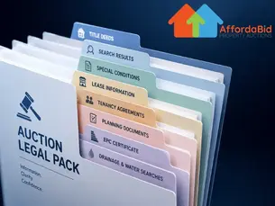 Abstract 3D render of an auction legal pack folder with organised document tabs including title deeds, searches, lease information, tenancy agreements, EPC certificate, and planning documents against a dark blue gradient background