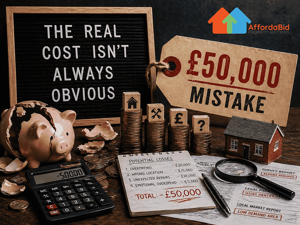 Broken piggy bank beside calculator, stacked coins, model house and £50,000 mistake tag, symbolising costly property purchasing mistakes and hidden financial risks.
