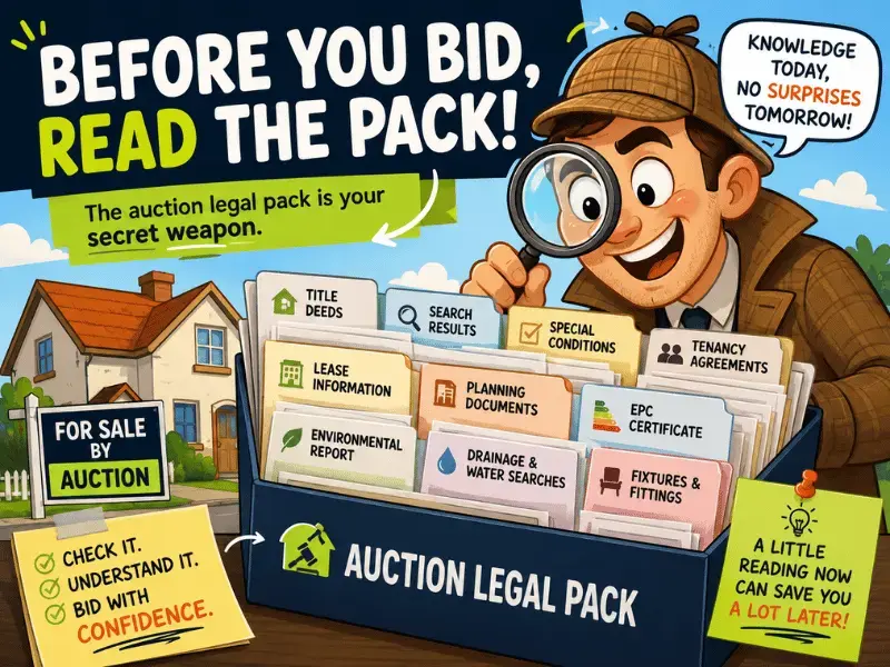 Detective examines an "Auction Legal Pack" with documents. Text urges to read before bidding. Cheerful, colorful design with a house backdrop.