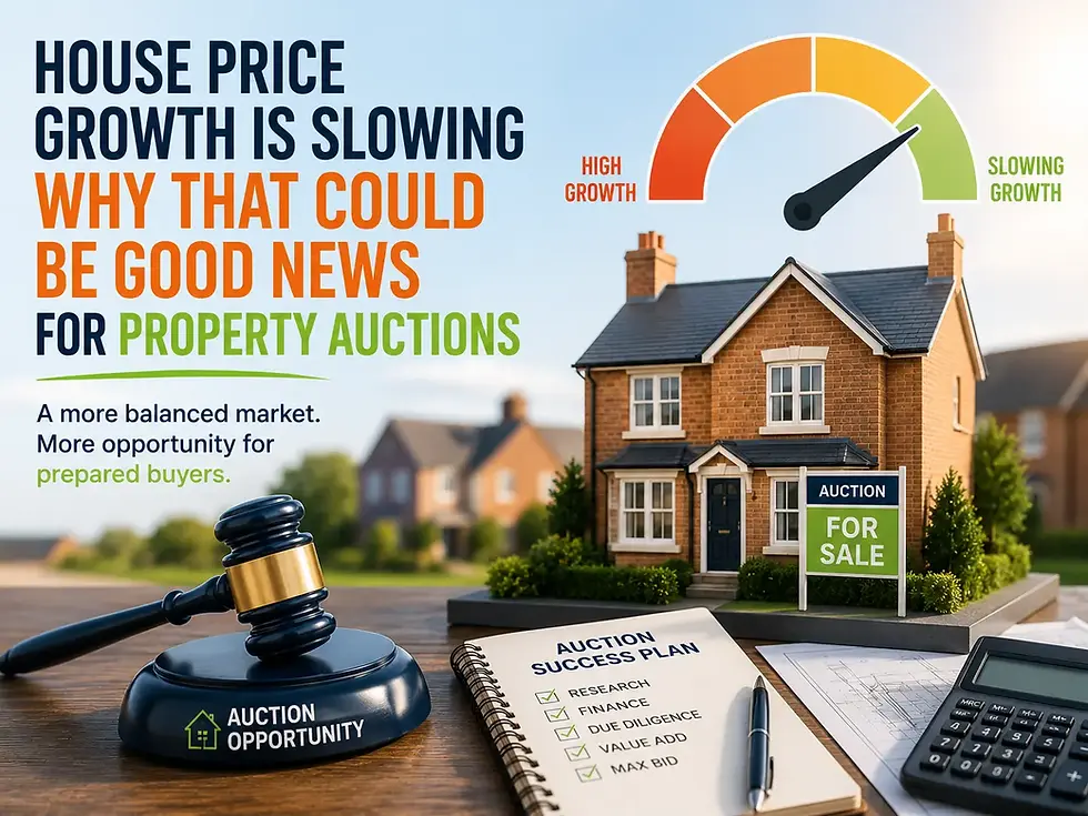 Property auction graphic with house, gavel, gauge, and sale sign; text says house price growth is slowing and could help buyers.