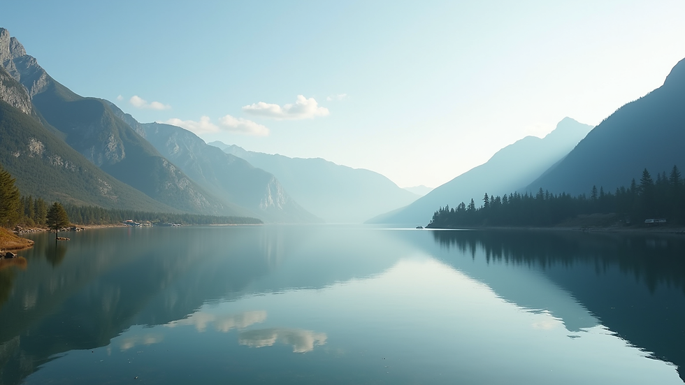Eye-level view of a serene landscape with a calm lake and mountains in the background
