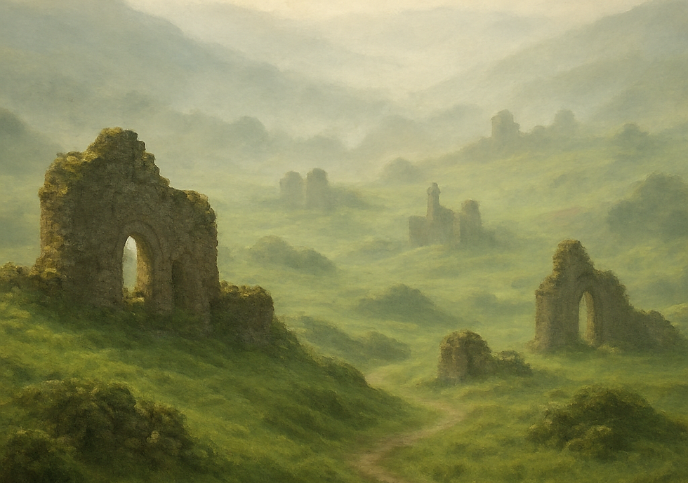 Ancient stone ruins with arches in a misty green landscape. Hazy hills create a serene, ethereal atmosphere in soft light.