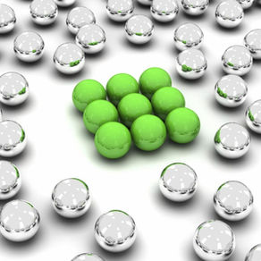 A cluster of green spheres grouped together at the center, surrounded by scattered silver spheres — illustrating how capital in medtech is concentrating in fewer, high-conviction assets while broader deal participation remains fragmented