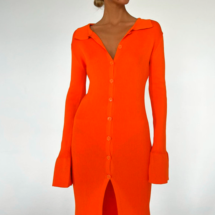 Vestido de Tricô Feminino de Comprimento Médio com Lapela Dividida