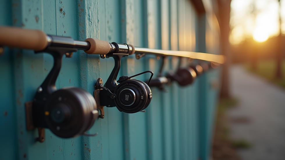 Eye-level view of wall-mounted fishing rod rack holding multiple rods