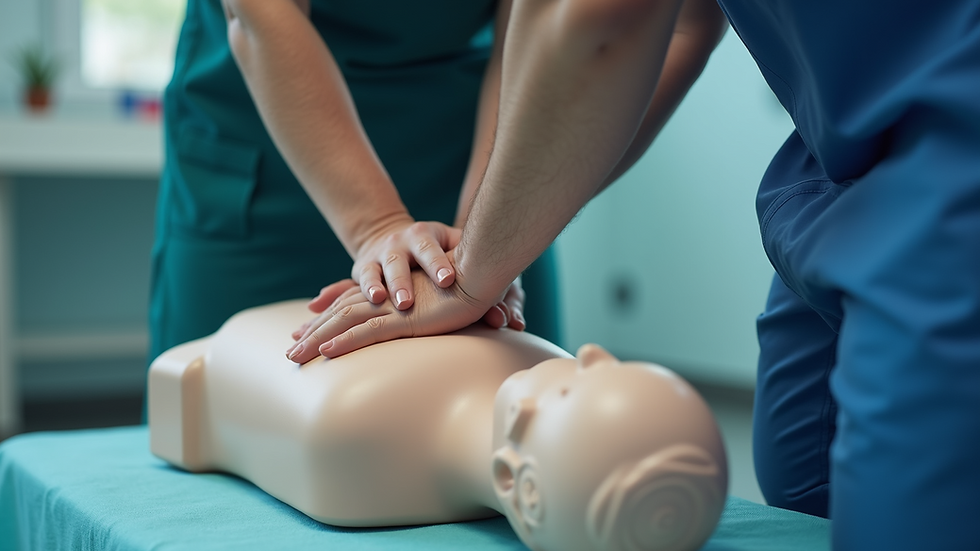 Close-up view of a healthcare professional practicing CPR on a training dummy