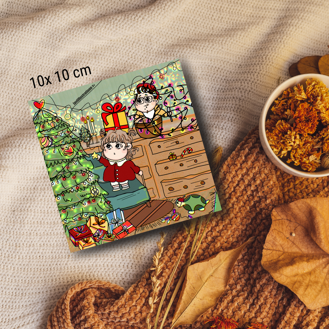 Afacan kardeşler yılbaşı ağacı illustrasyon Fotoğraf baskısı I 10x10cm