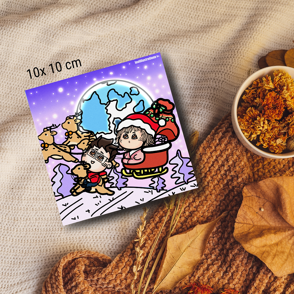 Afacan kardeşler Yılbaşı uçan geyik illustrasyon Fotoğraf baskısı I 10x10cm