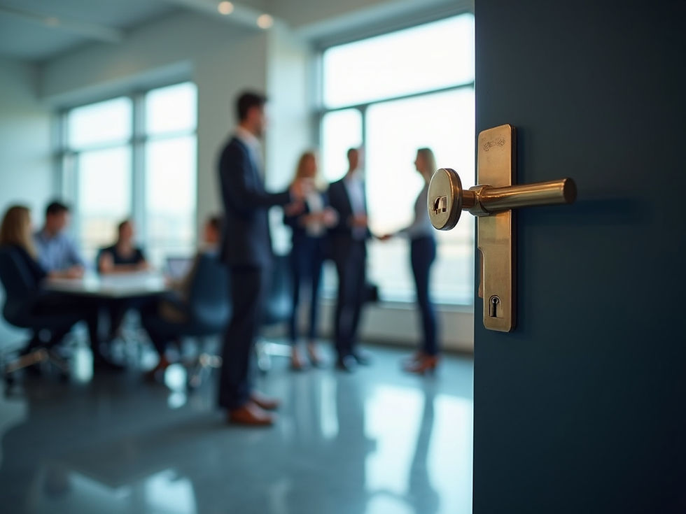 The open door reveals a vibrant business meeting with professionals engaged in discussion in a modern, light-filled conference room.