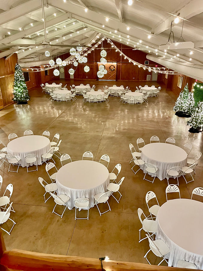 company christmas party at venue in amarillo, tx. pre lit christmas trees line the venue and create a festive holiday party.