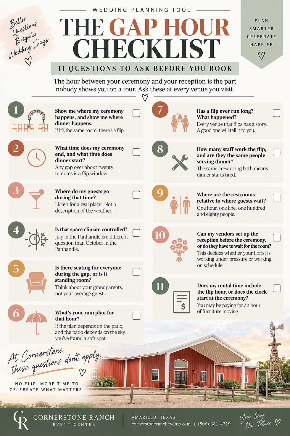 The Gap Hour Checklist, a printable list of 11 questions to ask an Amarillo wedding venue before booking