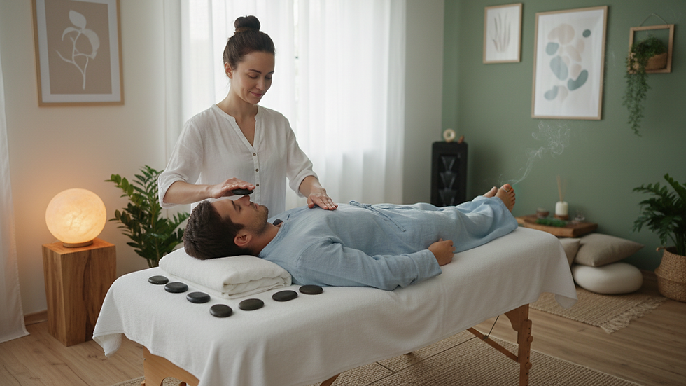 Eye-level view of a Reiki practitioner gently placing hands over a calm individual