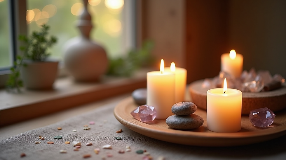 High angle view of a peaceful meditation corner with candles and crystals for Reiki practice