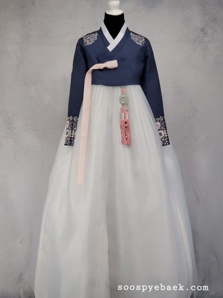 Thumbnail: Navy Embroidered Floral Silk Set with Layered Skirt