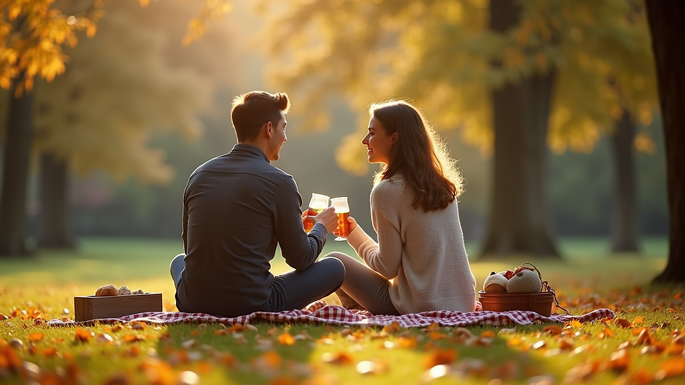 Wisconsin wedding venue Appleton Green Bay Fox Cities Sherwood Hilbert Calumet County Engaged Couples Brides Grooms Ceremony Reception Honeymoon -level view of a couple enjoying a picnic in a park with colorful autumn leaves