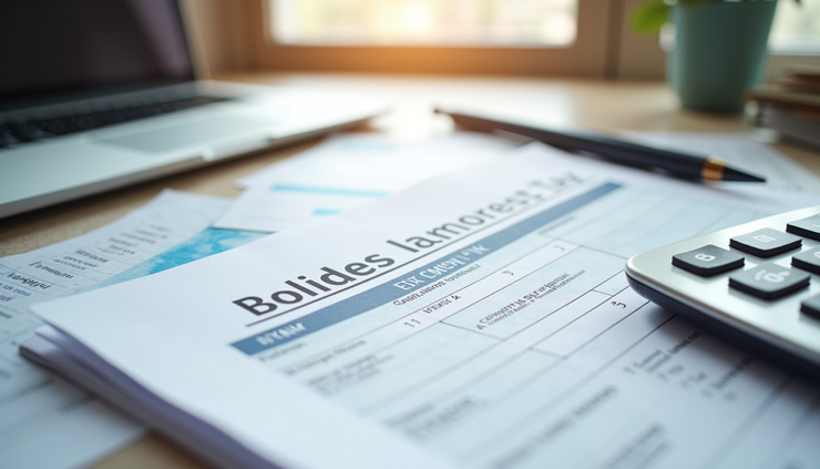 Eye-level view of a neatly organized desk with tax documents and a calculator ready for early income tax filing