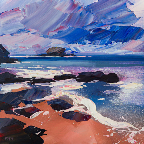 Resolute Rocks I is an Acrylic on Canvas impasto painting by Jonathan Pitts, contemporary seascape artist. It is a painting of the sea, a piece of contemporary Cornish art that would suit many spaces, it could be hung as art for the office wall or as art for the home. It depicts a North Cornwall beach at sunrise, North Cornwall has some of the best beaches in Cornwall. It is made up of a relaxing colour palette, with a blue ocean as the centre piece. Jonathan Pitts is a previous winner of 2nd prize at the Sunday Times Watercolour Competition.