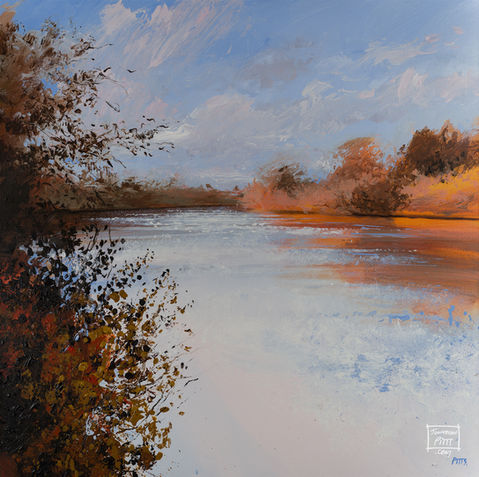 A bright blustery afternoon a Red Kite patrols is a acrylic on canvas contemporary impressionist painting for sale by Jonathan Pitts a contemporary seascape and landscape artist. Painted on location it uses impasto painting, impressionist painting and painting en plein air techniques. It is a painting of the River Thames at Runnymede, a piece of contemporary art that would suit many spaces, it could be hung as art for the office wall or as art for the home. It depicts the River Thames at the National Trust site Runnymede in Autumn colours, Runnymede is the site of the Magna Carta signing and it is near The Runnymede on Thames Hotel and Spa. It is made up of a relaxing warm colour palette with burnt orange, ultramarine blue and charcoal black. Jonathan Pitts is a previous winner of 2nd prize at the Sunday Times Watercolour Competition.