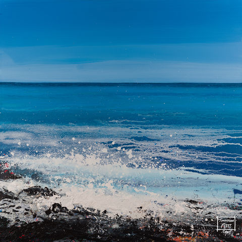 Escape II is an Acrylic on Canvas impasto painting by Jonathan Pitts, contemporary seascape artist. It is a painting of the sea, a piece of contemporary Cornish art that would suit many spaces, it could be hung as art for the office wall or as art for the home. It depicts a North Cornwall beach at sunrise, North Cornwall has some of the best beaches in Cornwall. It is made up of a relaxing colour palette, with a blue ocean as the centre piece. Jonathan Pitts is a previous winner of 2nd prize at the Sunday Times Watercolour Competition.