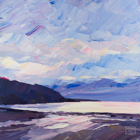Shoreline at Kennack II is an Acrylic on Canvas impasto painting by Jonathan Pitts, contemporary seascape artist. It is a painting of the sea, a piece of contemporary Cornish art that would suit many spaces, it could be hung as art for the office wall or as art for the home. It depicts a North Cornwall beach at sunrise, North Cornwall has some of the best beaches in Cornwall. It is made up of a relaxing colour palette, with a blue ocean as the centre piece. Jonathan Pitts is a previous winner of 2nd prize at the Sunday Times Watercolour Competition.