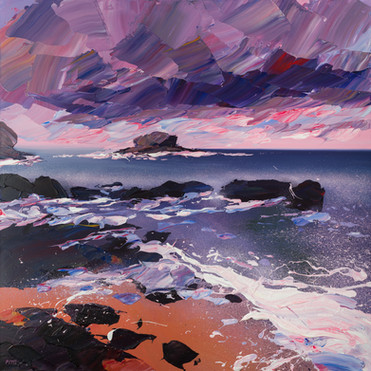 Granite Resolve is an Acrylic on Canvas impasto painting by Jonathan Pitts, contemporary seascape artist. It is a painting of the sea, a piece of contemporary Cornish art that would suit many spaces, it could be hung as art for the office wall or as art for the home. It depicts a North Cornwall beach at sunrise, North Cornwall has some of the best beaches in Cornwall. It is made up of a relaxing colour palette, with a blue ocean as the centre piece. Jonathan Pitts is a previous winner of 2nd prize at the Sunday Times Watercolour Competition.