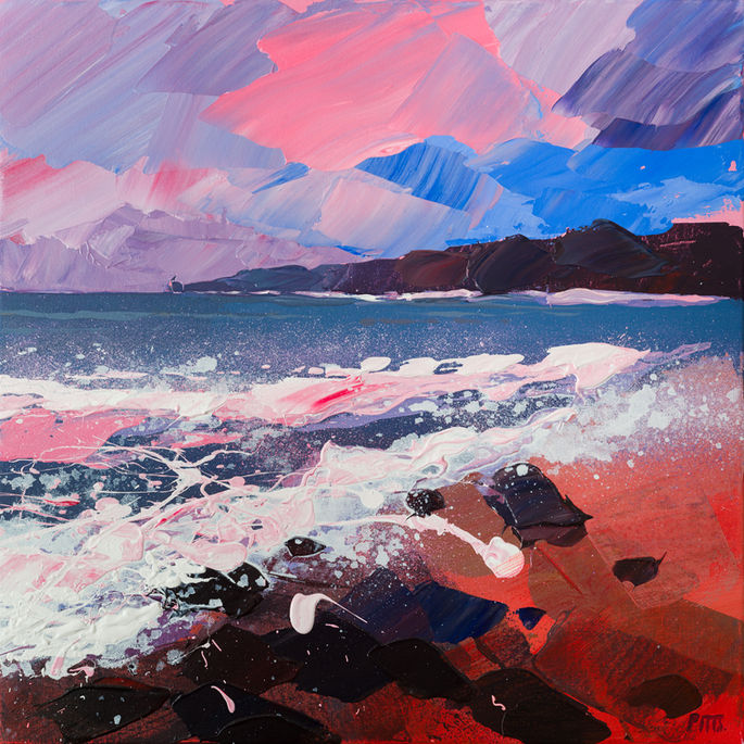 Crimson Tide V is an Acrylic on Canvas painting by Jonathan Pitts, contemporary seascape artist. It is a painting of the sea, a piece of contemporary Cornish art that would suit many spaces, it could be hung as art for the office wall or as art for the home. It depicts a North Cornwall beach at sunrise, North Cornwall has some of the best beaches in Cornwall. It is made up of a relaxing colour palette, with a blue ocean as the centre piece. Own a piece of ocean art by Jonathan Pitts. Jonathan Pitts is a previous winner of 2nd prize at the Sunday Times Watercolour Competition.